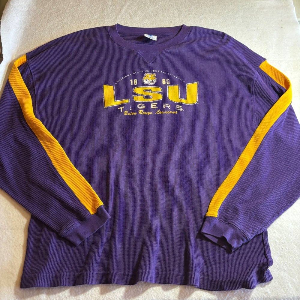 Vintage LSU Tigers NCAA Mens 2XL Purple Yellow Long Sleeve‎ Thermal Shirt